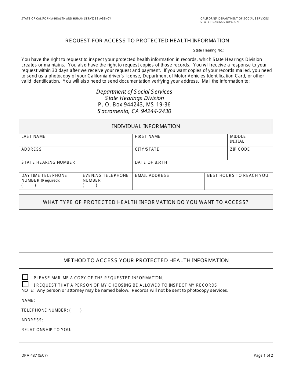 Form DPA487 Request for Access to Protected Health Information - California, Page 1