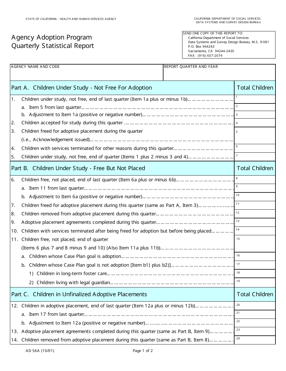 Form AD56A Agency Adoption Program Quarterly Statistical Report - California, Page 1