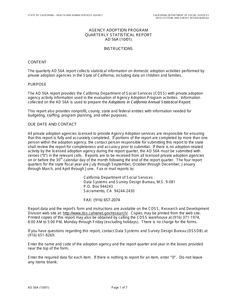 Form AD56A Agency Adoption Program Quarterly Statistical Report - California, Page 3