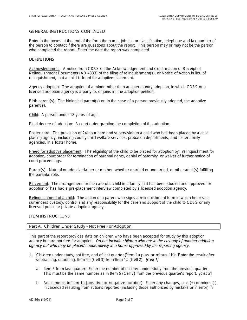 Form AD56A Agency Adoption Program Quarterly Statistical Report - California, Page 4