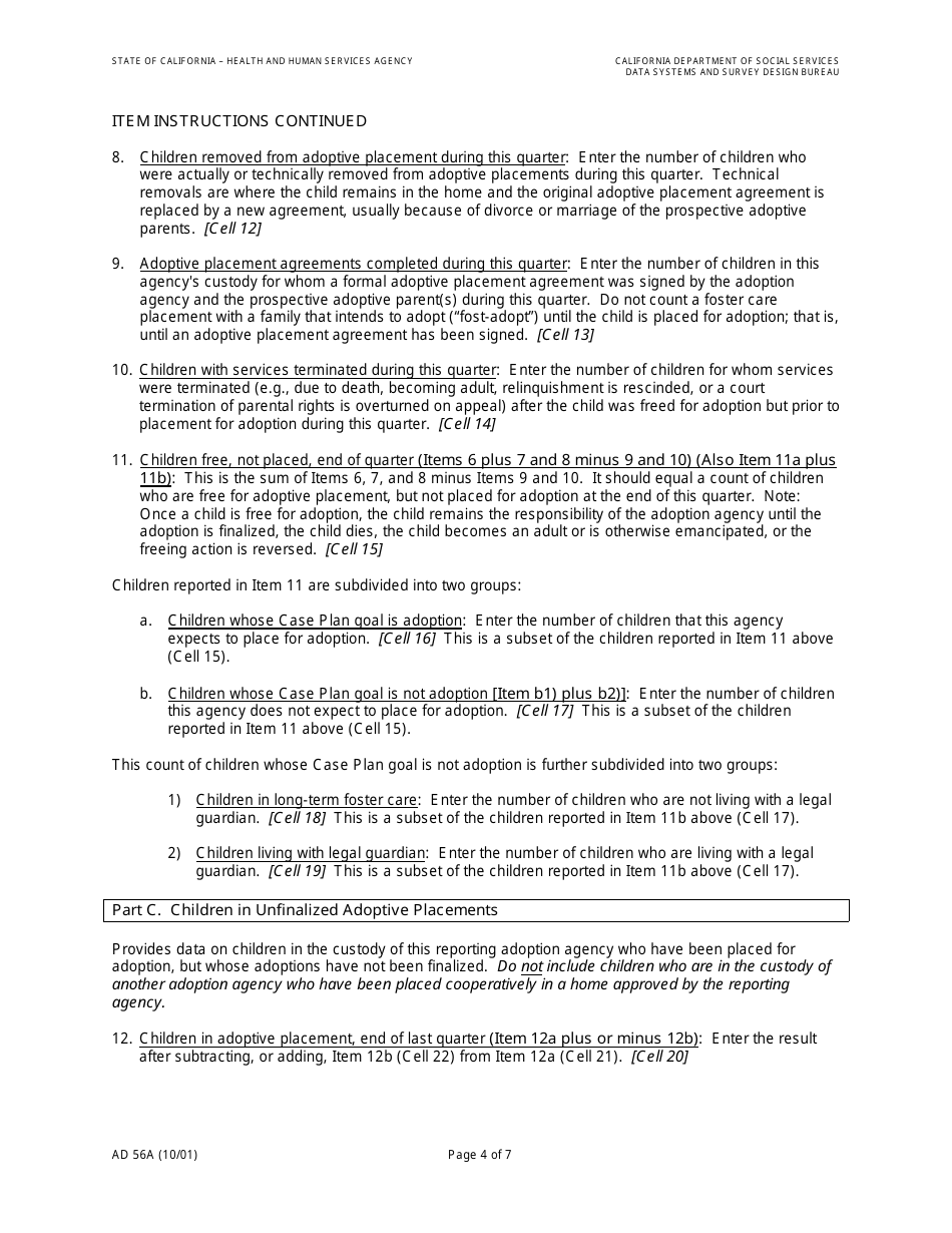 Form AD56A Agency Adoption Program Quarterly Statistical Report - California, Page 6