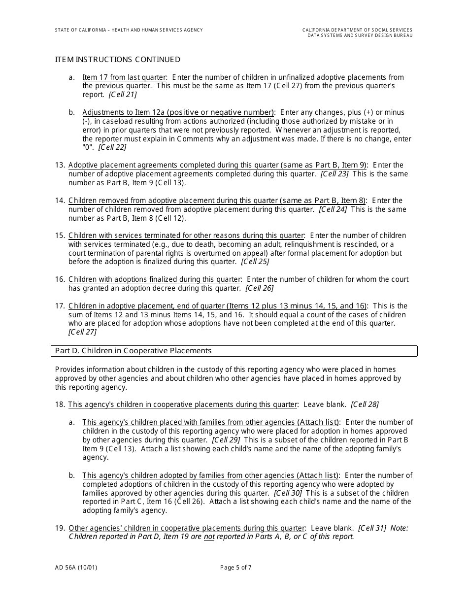 Form AD56A Agency Adoption Program Quarterly Statistical Report - California, Page 7