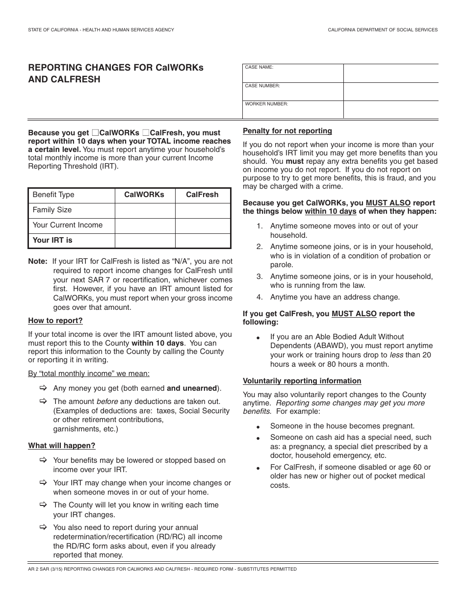 Form AR2 SAR Reporting Changes for Calworks and Calfresh - California, Page 1
