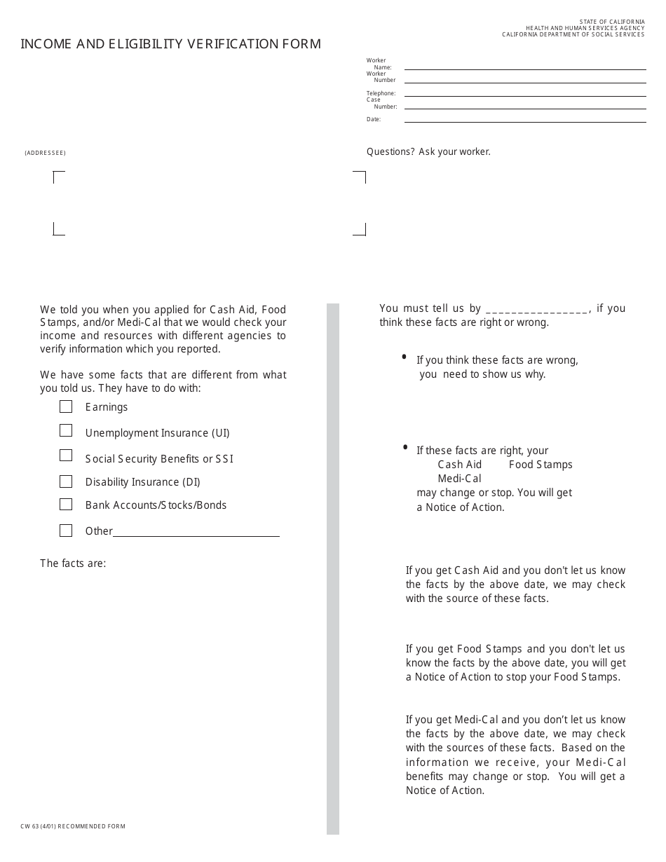 Form CW63 Income and Eligibility Verification Form - California, Page 1