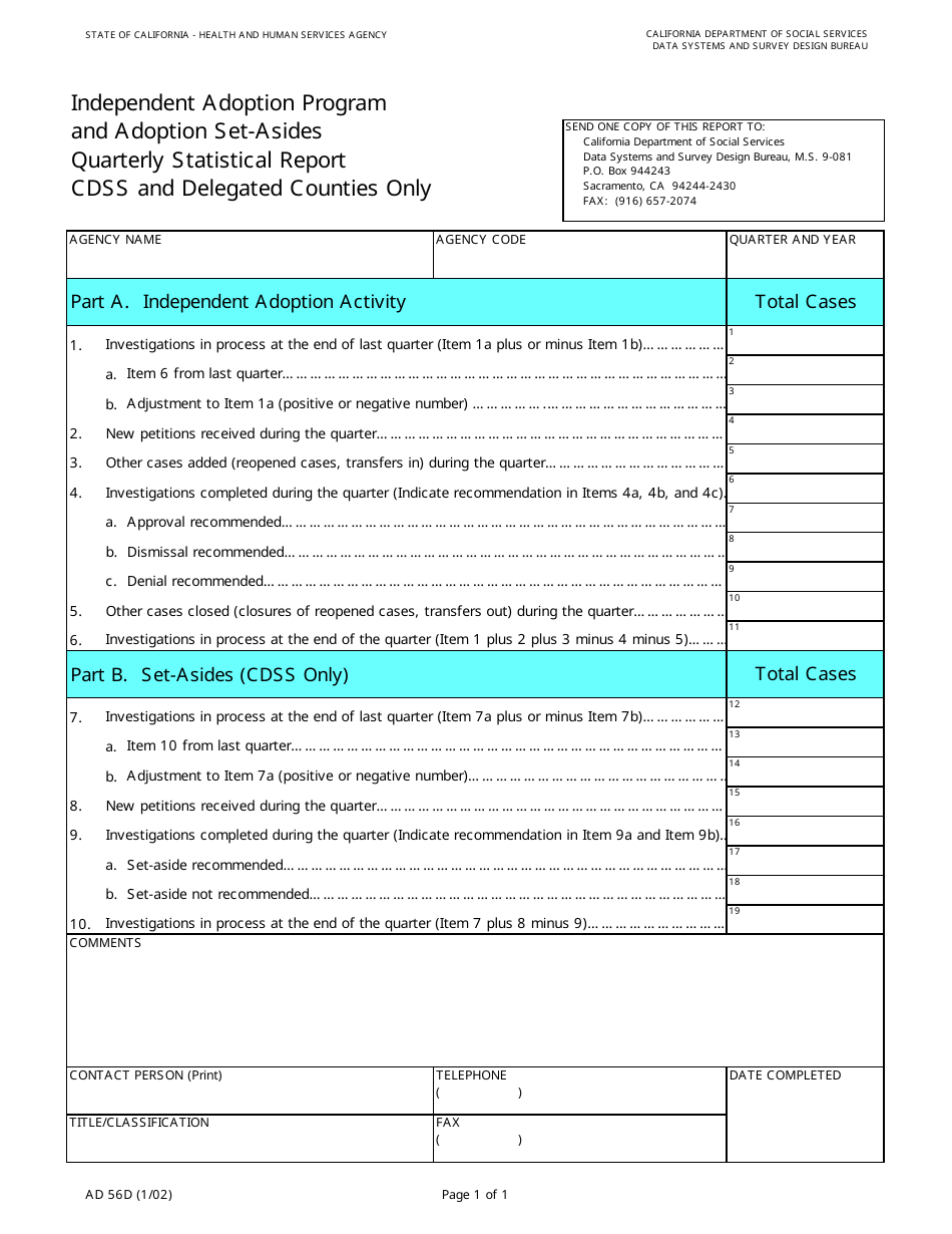 Form AD56D Independent Adoption Program  Adoption Set Asides Quarterly Statistical Report - California, Page 1