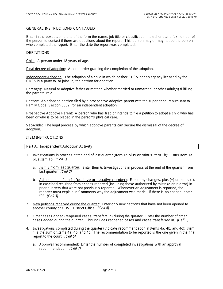 Form AD56D Independent Adoption Program  Adoption Set Asides Quarterly Statistical Report - California, Page 3