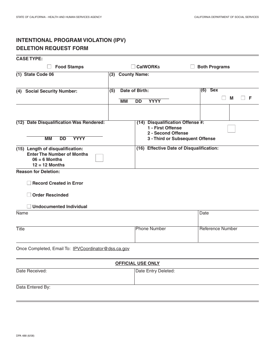 Form DPA488 Intentional Program Violation (Ipv) Deletion Request Form - California, Page 1