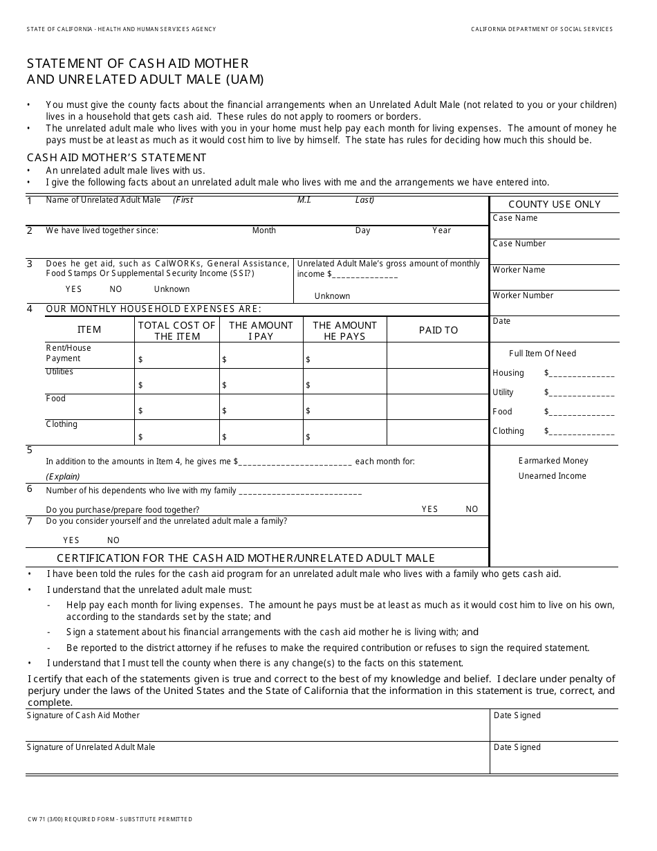 Form CW71 Statement of Cash Aid Mother and Unrelated Adult Male (Uam) - California, Page 1