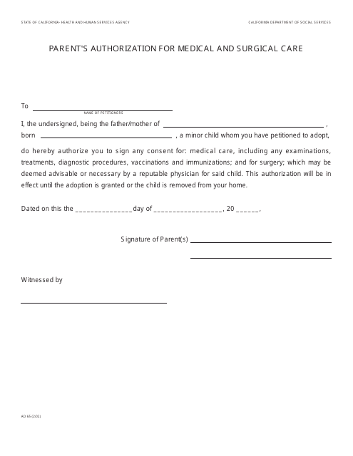 Form AD65 Parent's Authorization for Medical and Surgical Care - California