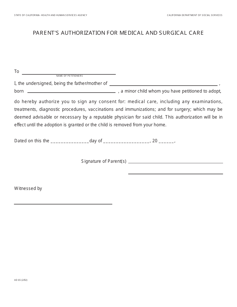 Form AD65 Parents Authorization for Medical and Surgical Care - California, Page 1