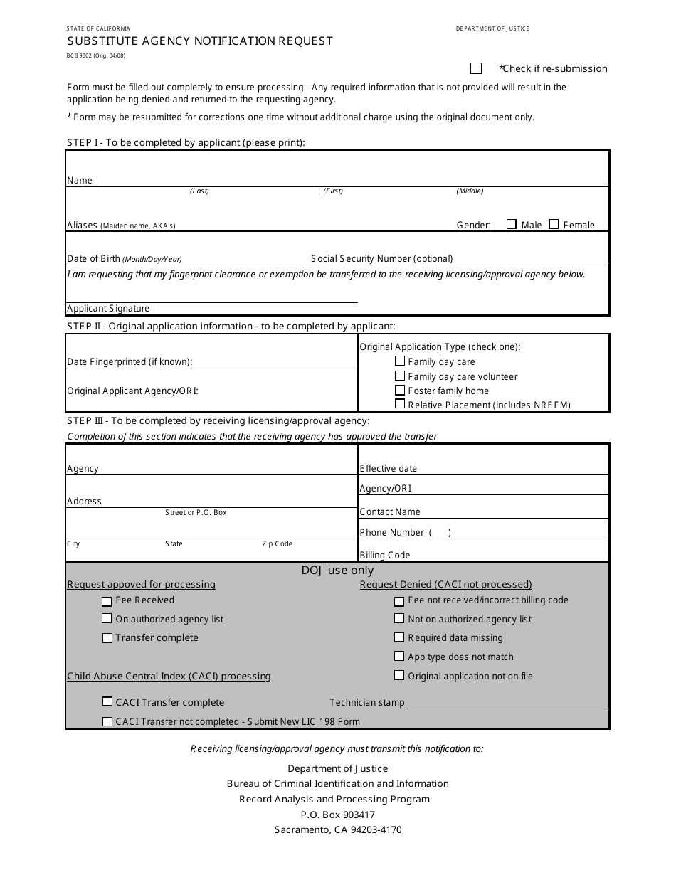 Form BCII9002 Substitute Agency Notification Request - California, Page 1