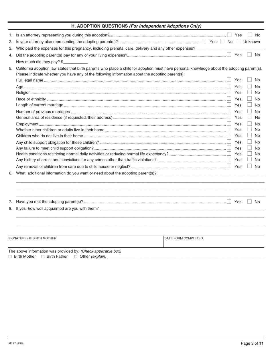 Form AD67 Information About the Birth Mother - California, Page 3
