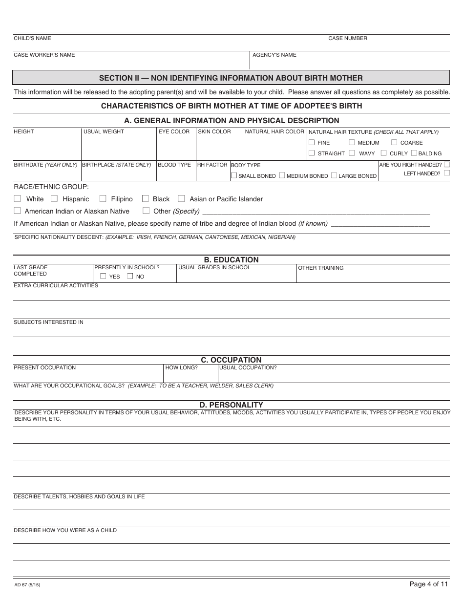 Form AD67 Information About the Birth Mother - California, Page 4