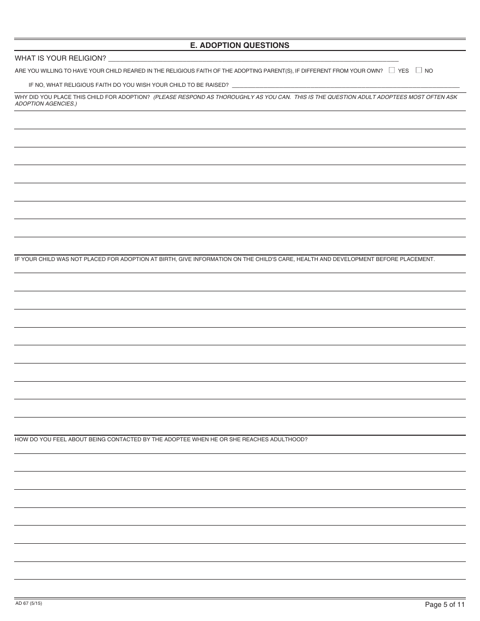 Form AD67 Information About the Birth Mother - California, Page 5