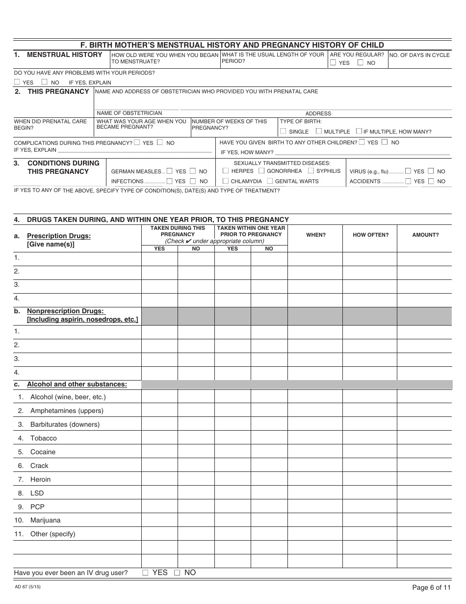 Form AD67 Information About the Birth Mother - California, Page 6