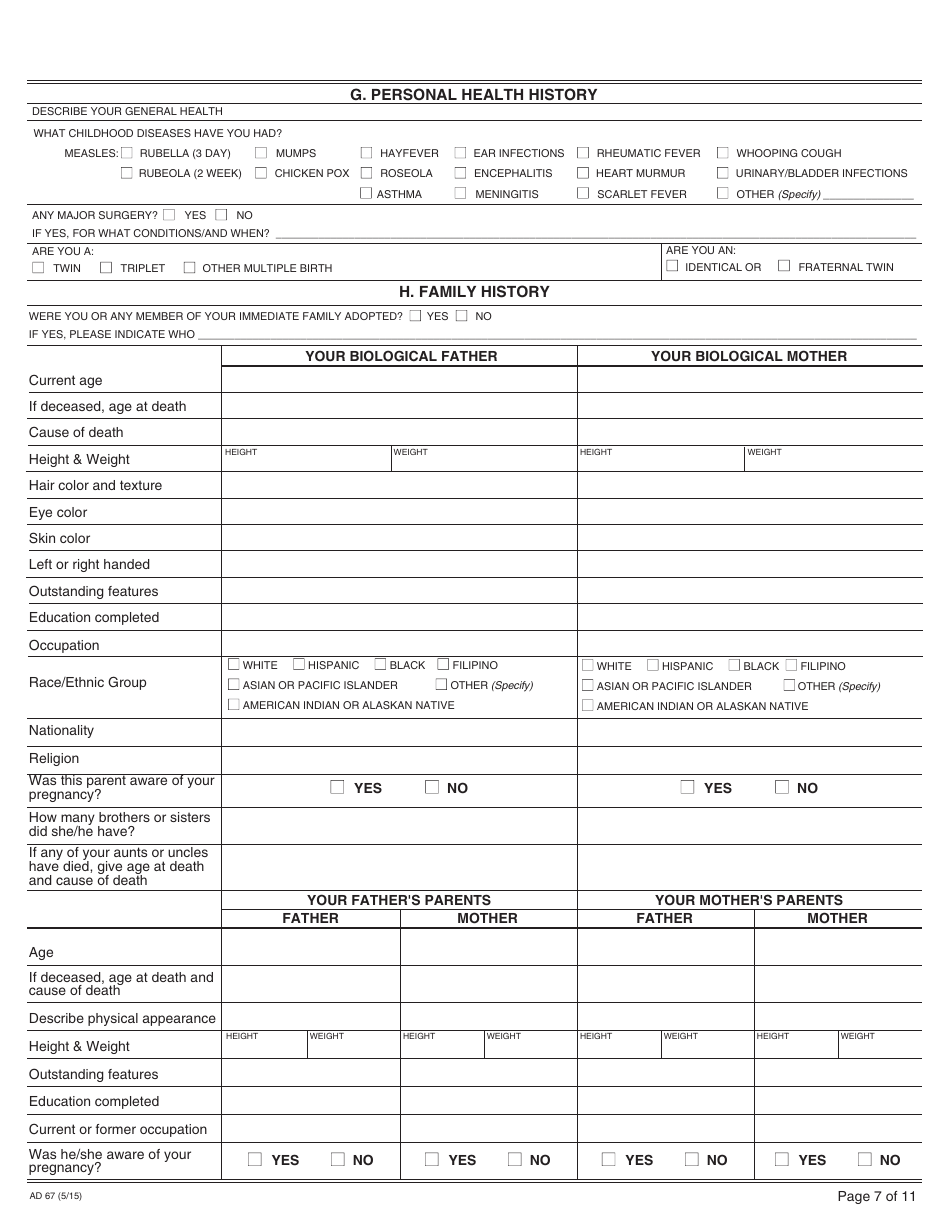 Form AD67 Information About the Birth Mother - California, Page 7
