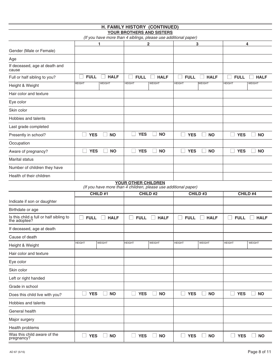Form AD67 Information About the Birth Mother - California, Page 8