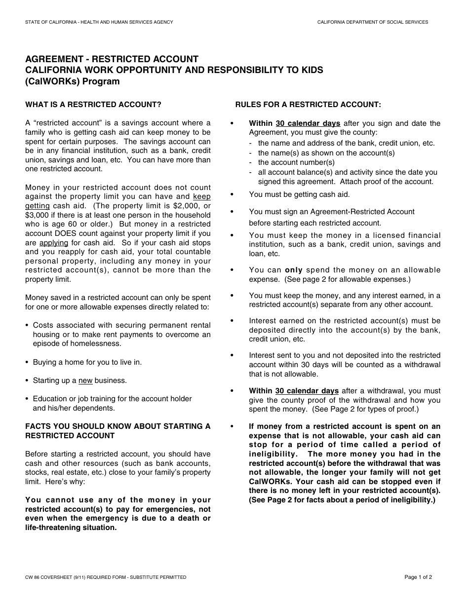 Form CW86 Agreement - Restricted Account - California Work Opportunity and Responsibility to Kids (Calworks) Program - California, Page 1