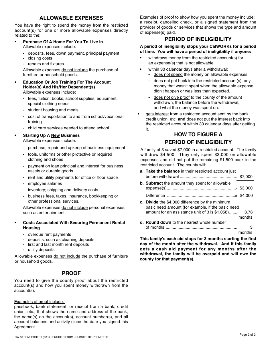 Form CW86 Agreement - Restricted Account - California Work Opportunity and Responsibility to Kids (Calworks) Program - California, Page 2