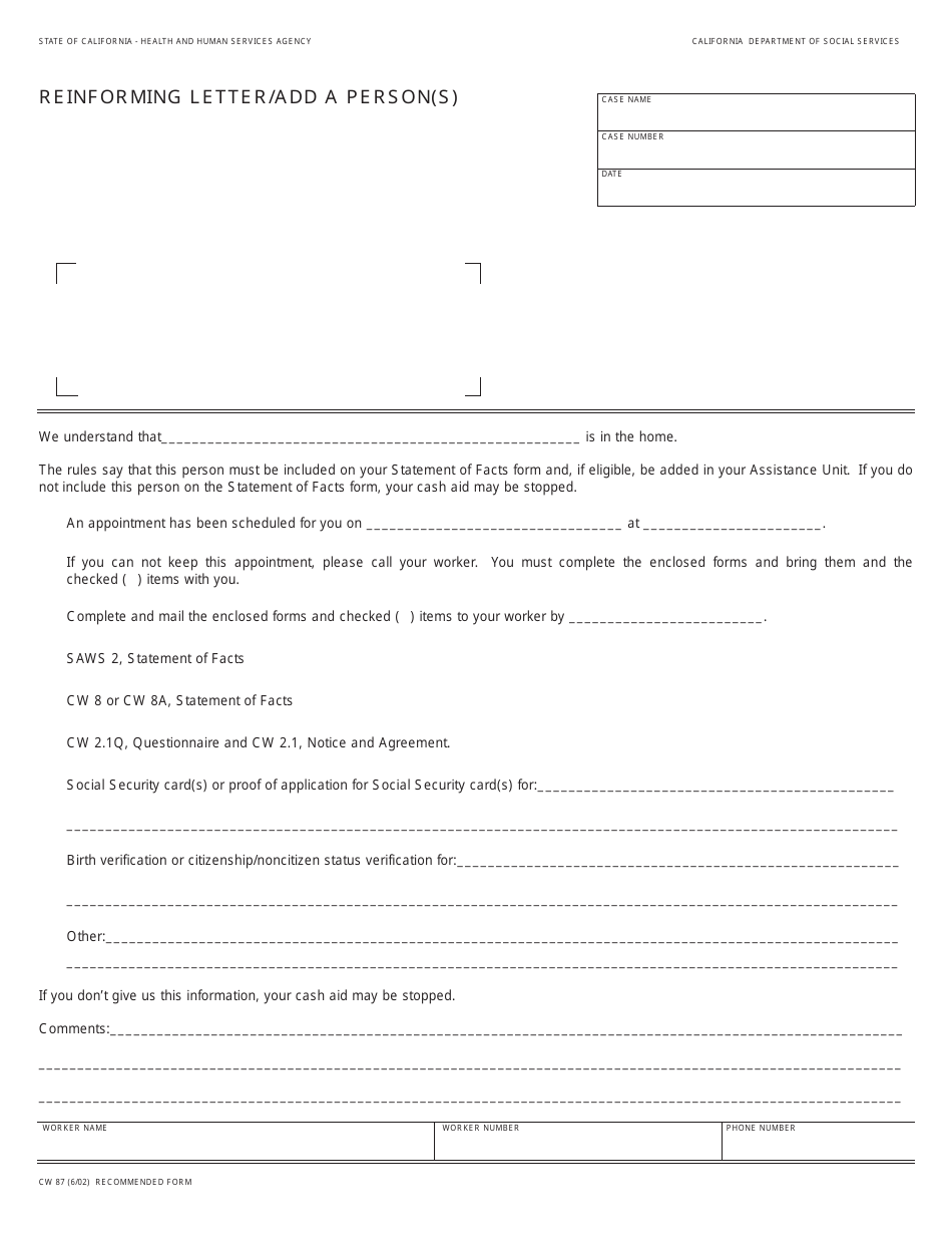 Form CW87 Reinforming Letter / Add a Person(S) - California, Page 1