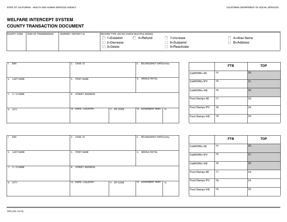 Form DPS249 Welfare Intercept System - County Transaction Document - California, Page 1