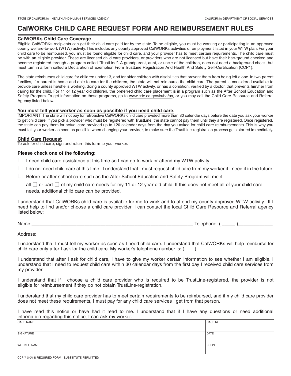 Form CCP7 Calworks Child Care Request Form and Reimbursement Rules - California, Page 1
