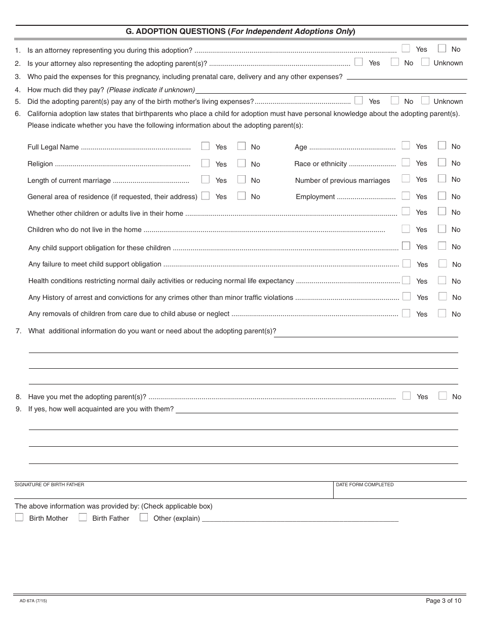 Form AD67A Information About the Birth Father - California, Page 3