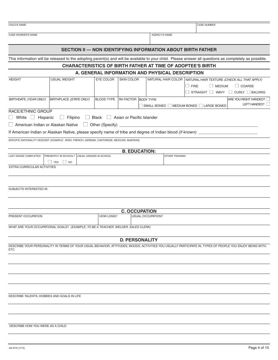 Form AD67A Information About the Birth Father - California, Page 4