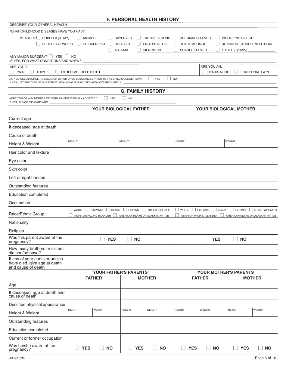 Form AD67A Information About the Birth Father - California, Page 6
