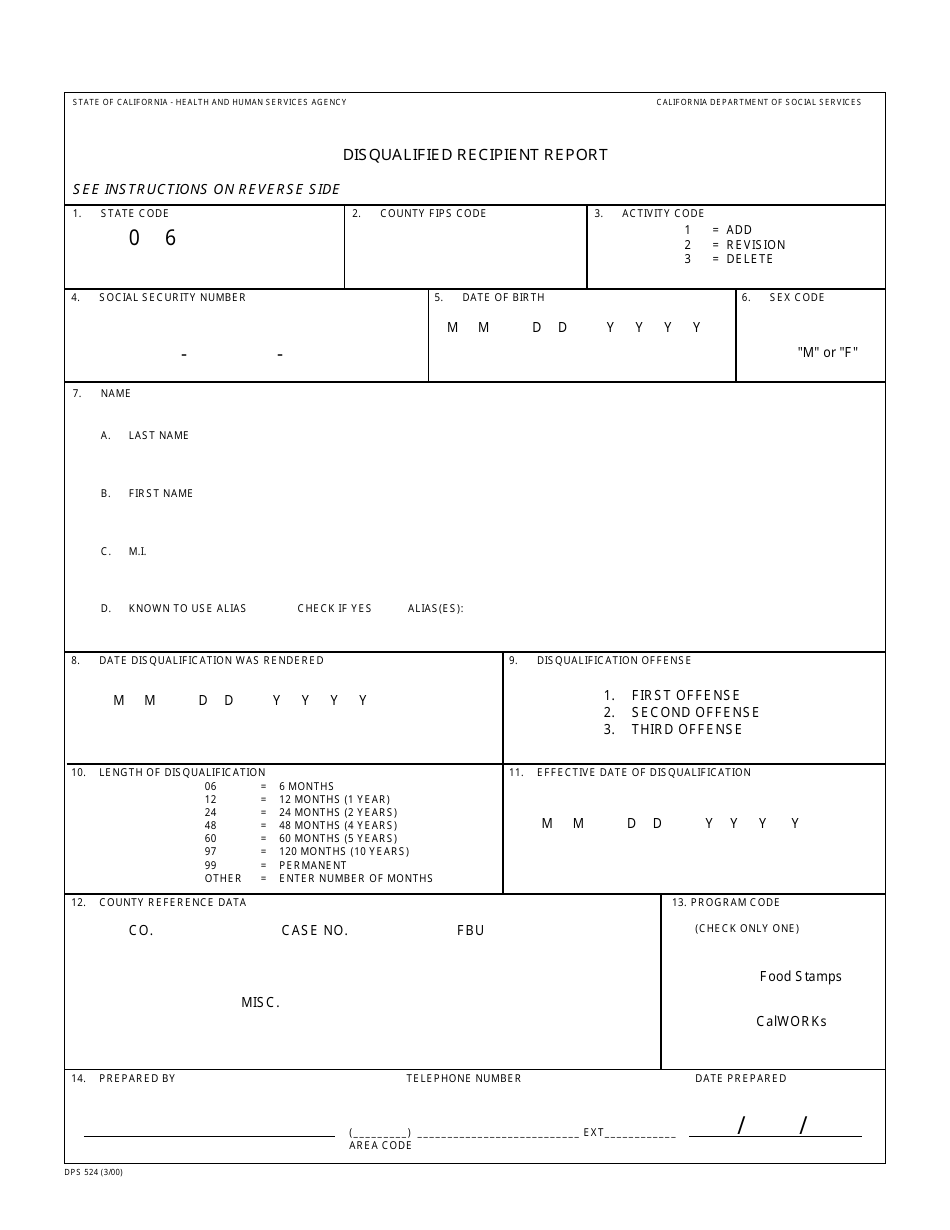 Form DPS524 Disqualified Recipient Report - California, Page 1