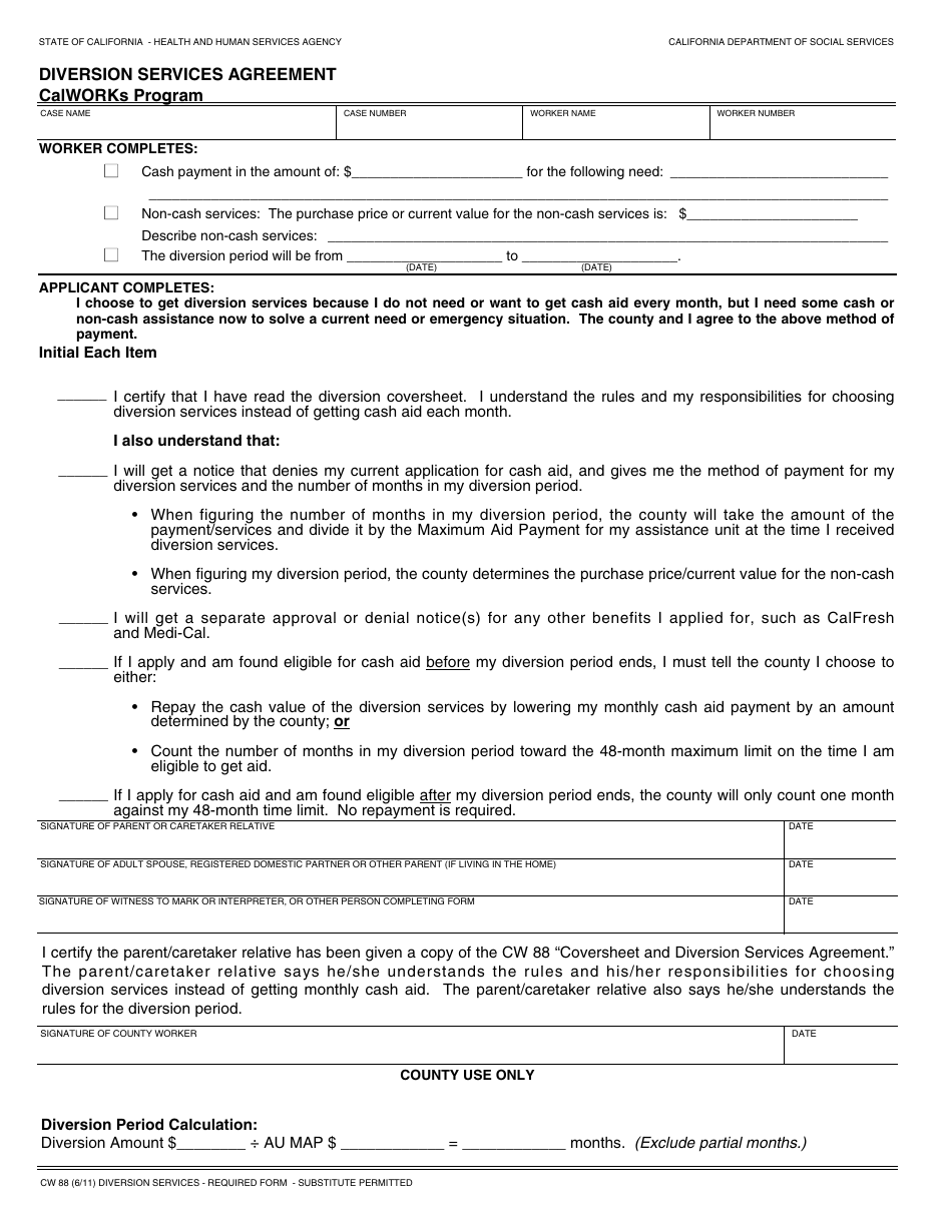 Form CW88 Diversion Services Agreement -calworks Program - California, Page 1