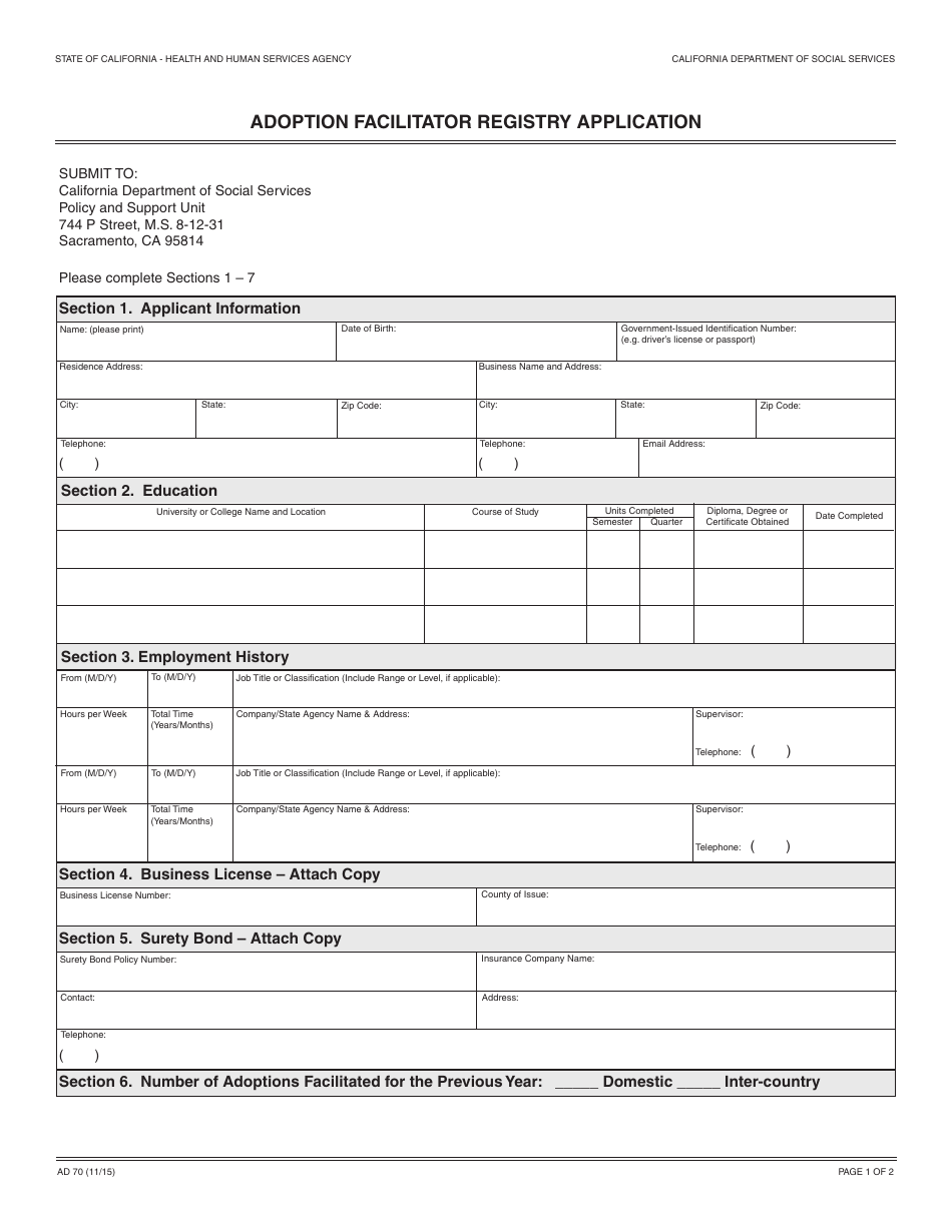 Form AD70 Adoption Facilitator Registry Application - California, Page 1