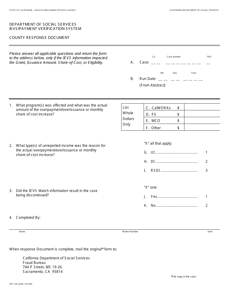 Form DPS526 Ievs / Payment Verification System - County Response Document - California, Page 1