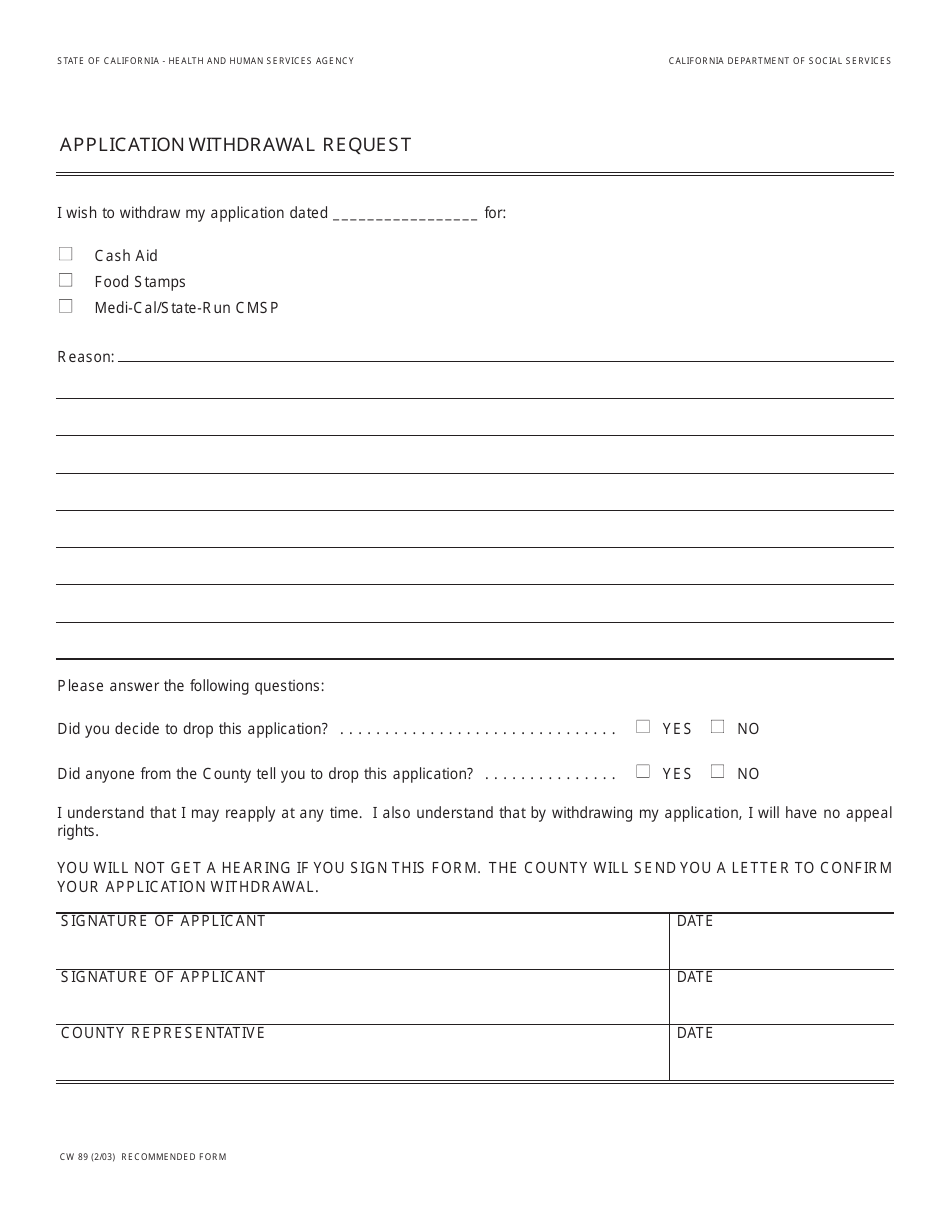 Form CW89 Application Withdrawal Request - California, Page 1