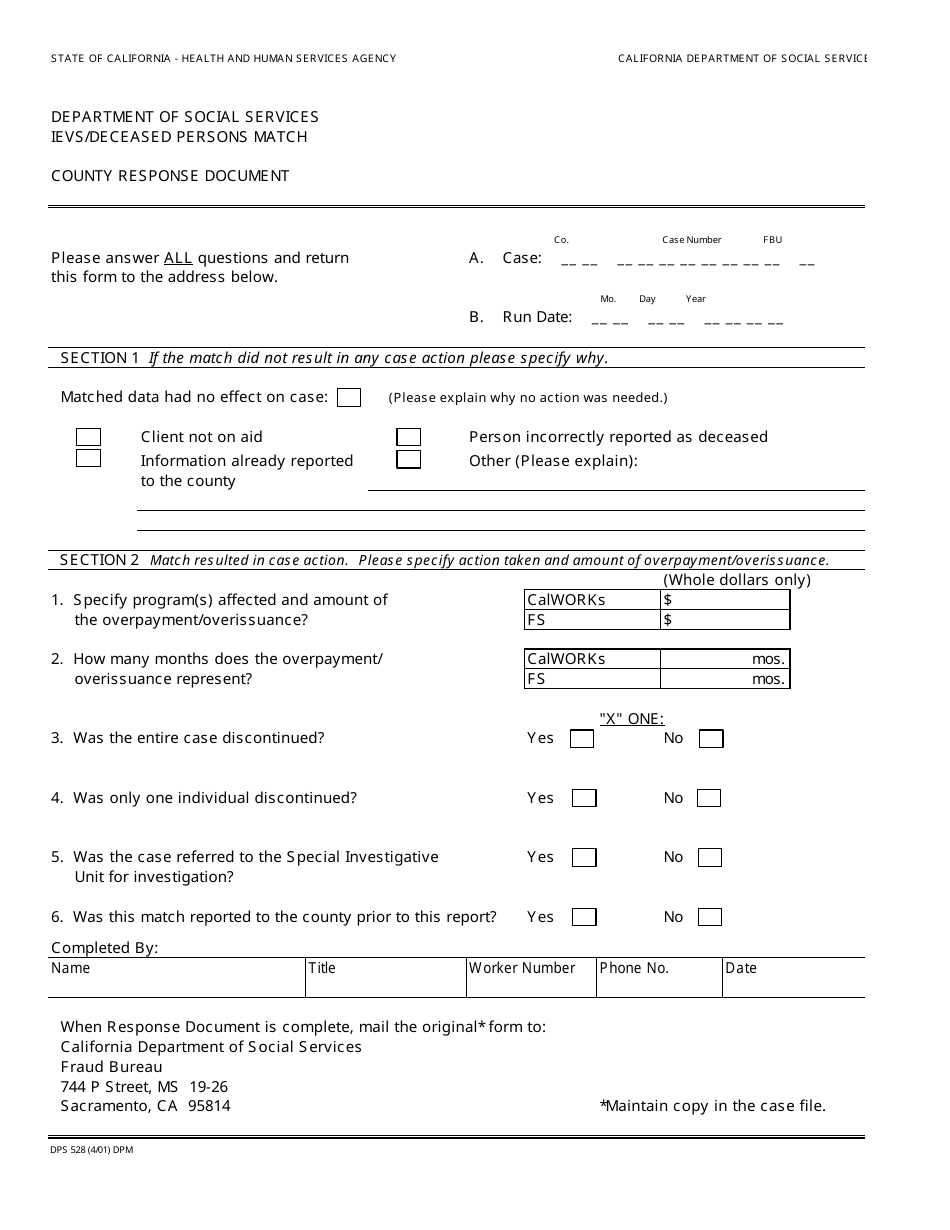 Form DPS528 Ievs / Deceased Persons Match - County Response Document - California, Page 1