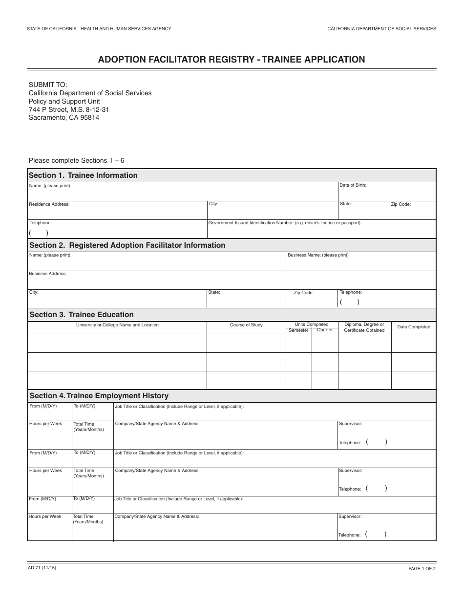 Form AD71 Adoption Facilitator Registry - Trainee Application - California, Page 1