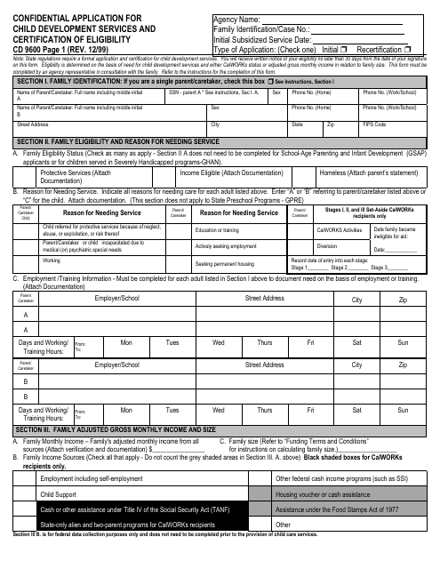 Form CD9600 Confidential Application for Child Development Services and Certification of Eligibility - California