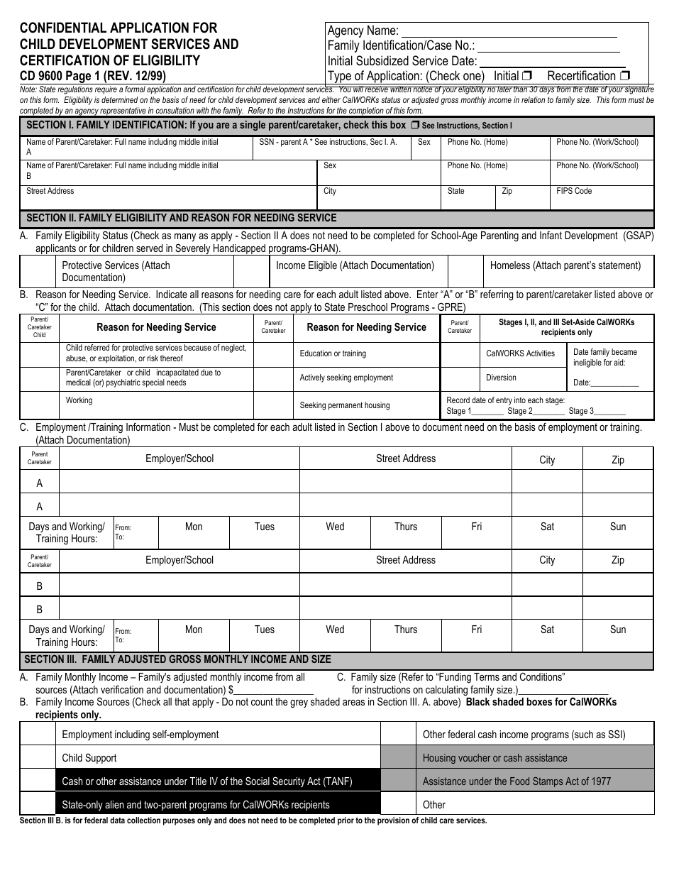 Form CD9600 Confidential Application for Child Development Services and Certification of Eligibility - California, Page 1