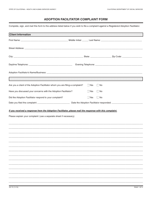 Form AD72  Printable Pdf