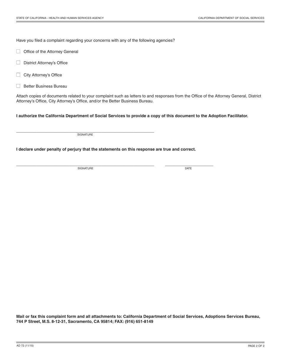 Form AD72 Adoption Facilitator Complaint Form - California, Page 2