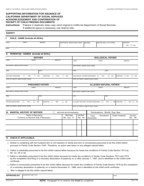 Form AD90 Supporting Information for Issuance of California Department of Social Services Acknowledgement and Confirmation of Receipt of Child Freeing Documents - California