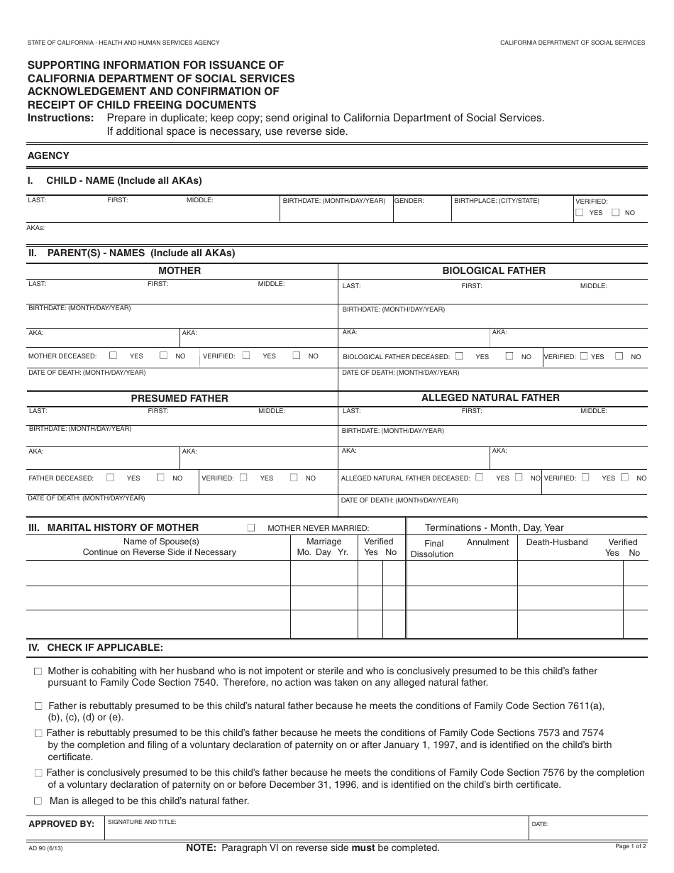 Form AD90 Supporting Information for Issuance of California Department of Social Services Acknowledgement and Confirmation of Receipt of Child Freeing Documents - California, Page 1