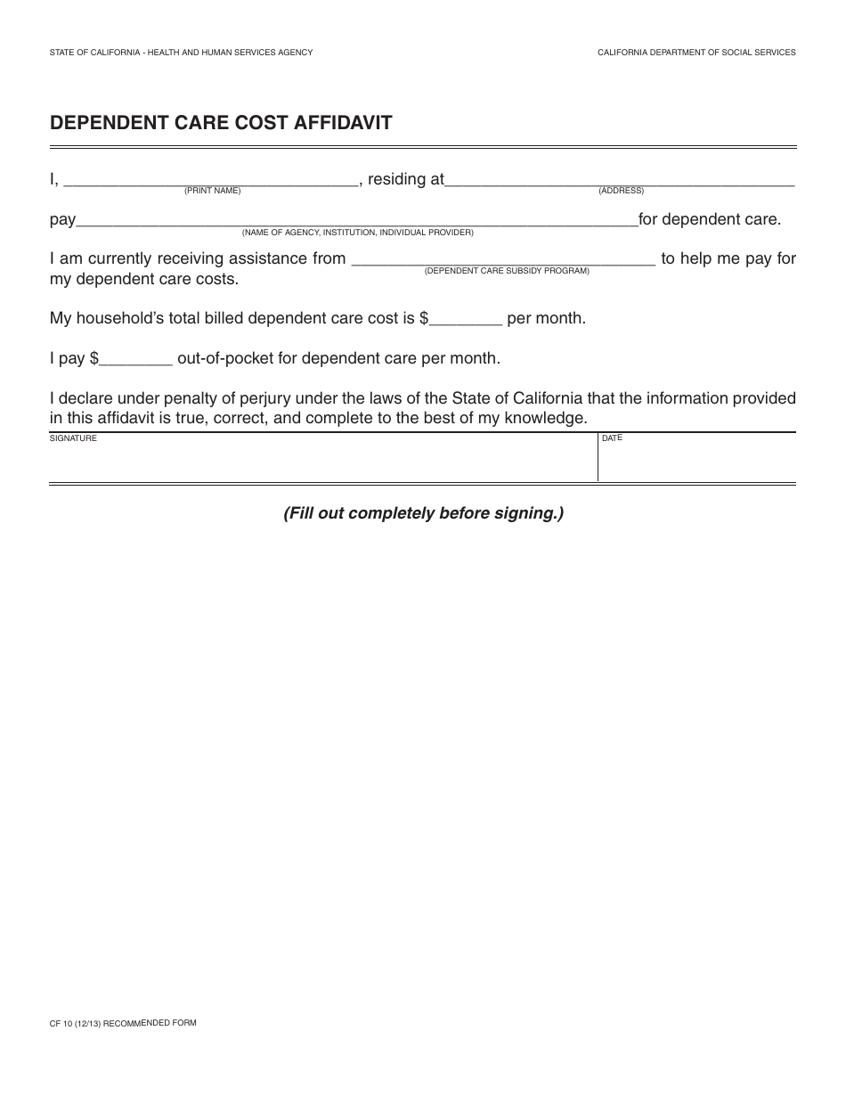 Form CF10 Dependent Care Cost Affidavit - California, Page 1