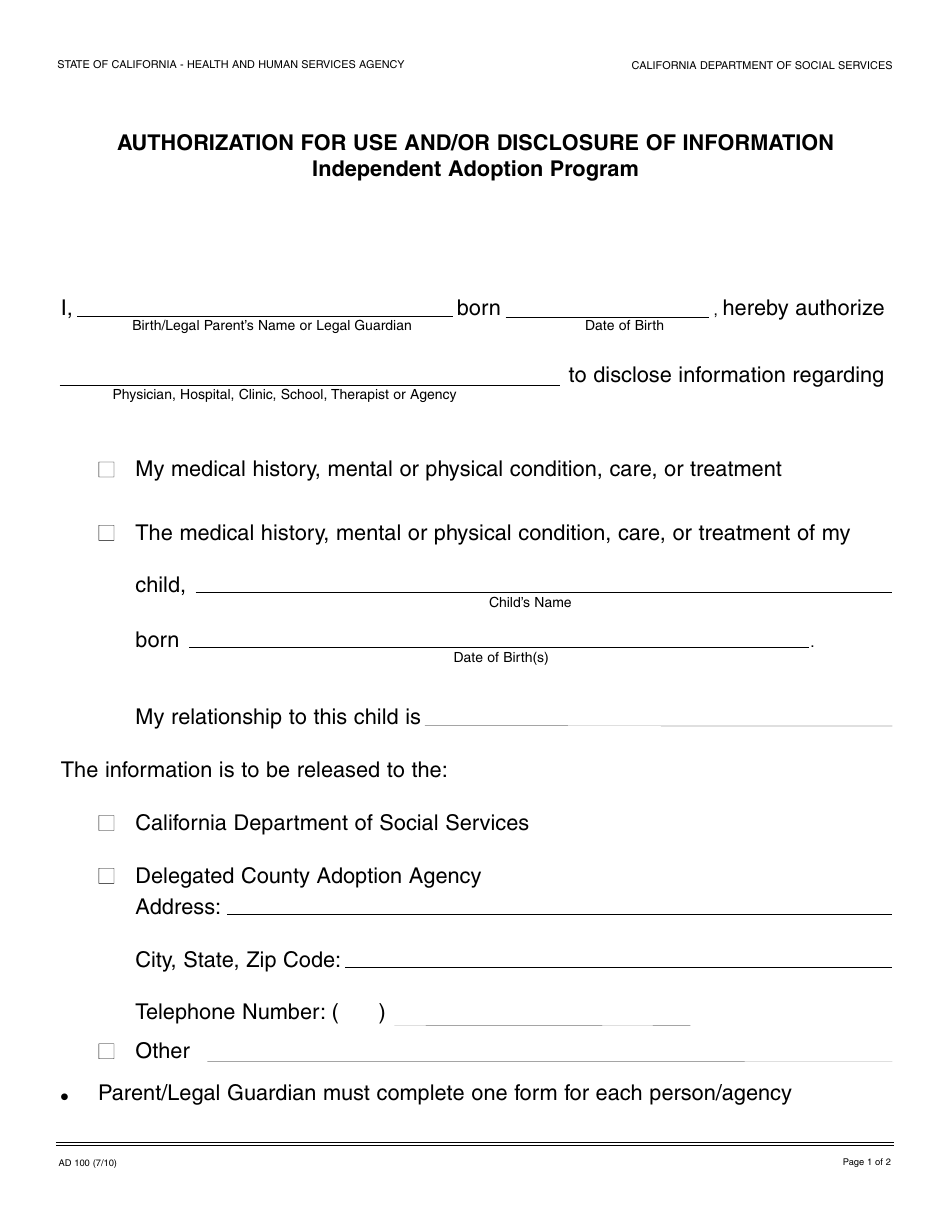 Form AD100 Authorization for Use and / or Disclosure of Information - Independent Adoption Program - California, Page 1