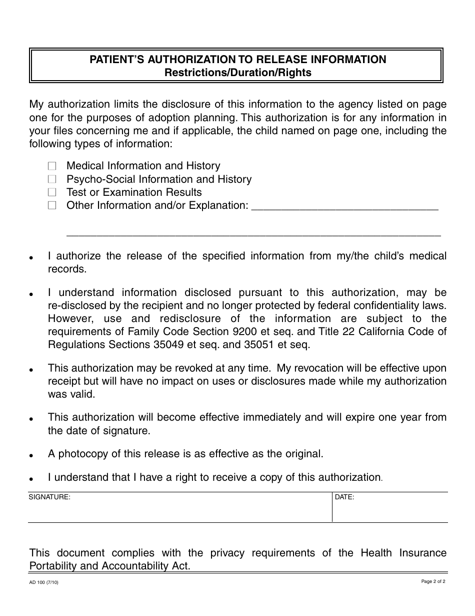 Form AD100 Authorization for Use and / or Disclosure of Information - Independent Adoption Program - California, Page 2