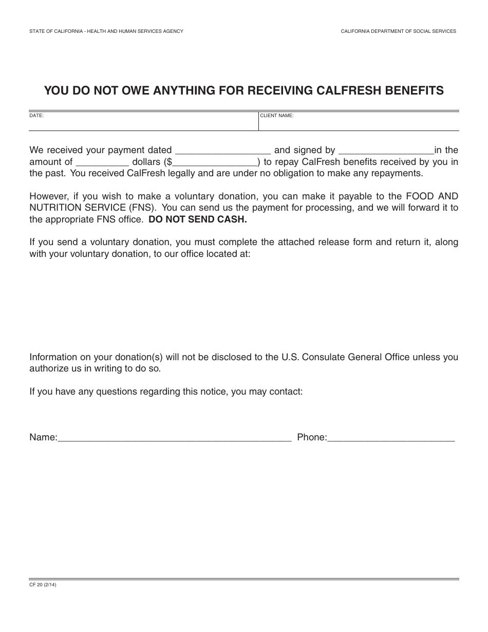 Form CF20 You Do Not Owe Anything for Receiving CalFresh Benefits - California, Page 1
