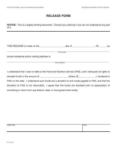 Form CF21 Release Form - California
