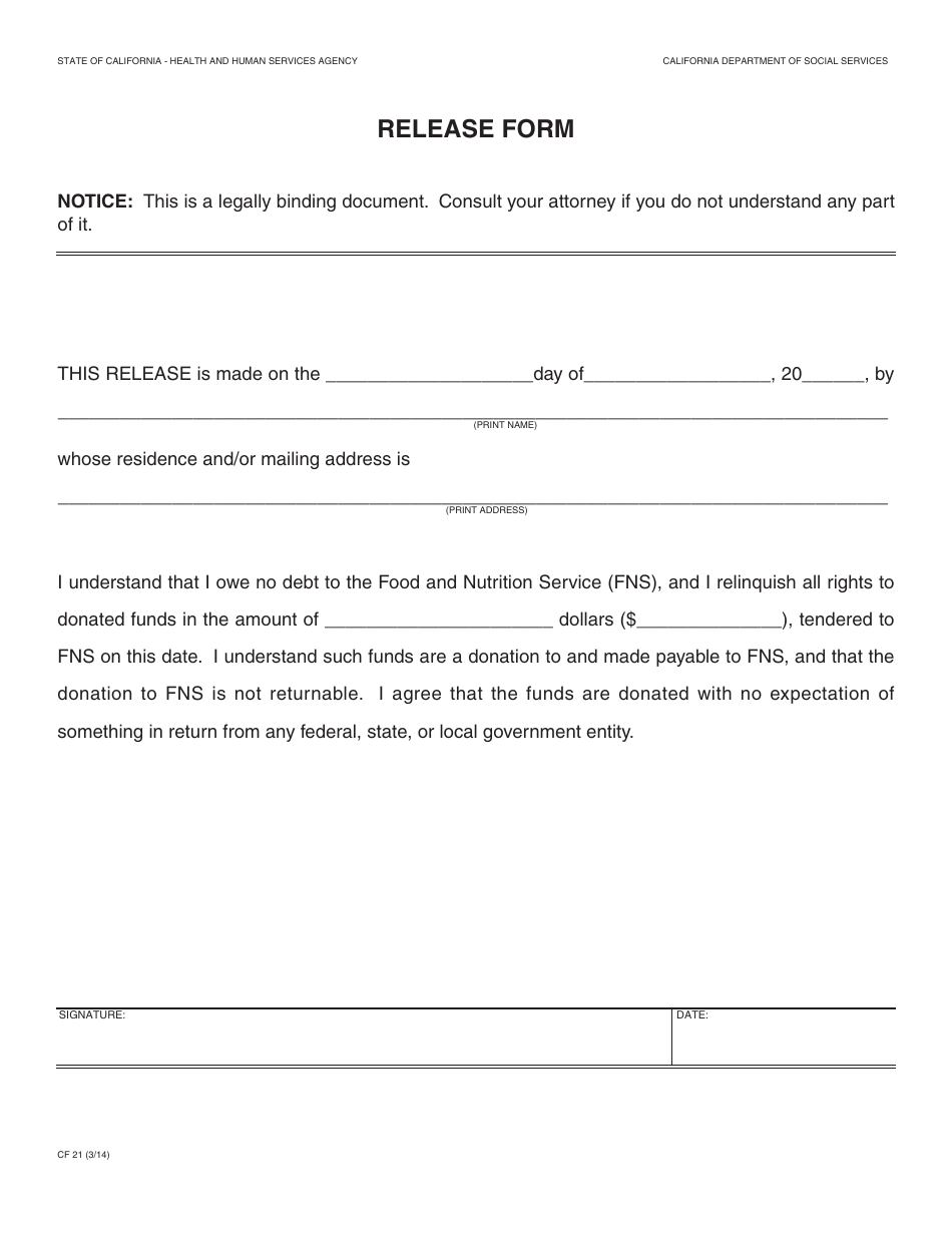 Form CF21 Release Form - California, Page 1