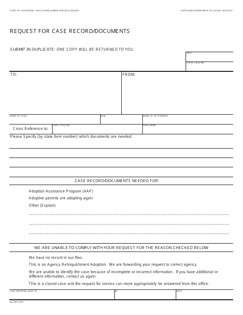 Form AD200 Request for Case Record/Documents - California
