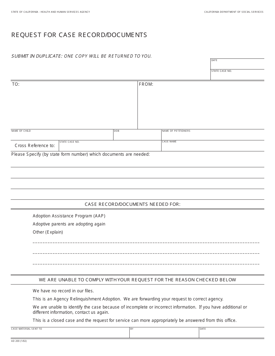 Form AD200 Request for Case Record / Documents - California, Page 1